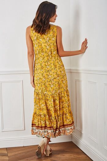 Robe longue sans manche à imprimé fleuri boutonnée devant - Jaune Moutarde 3