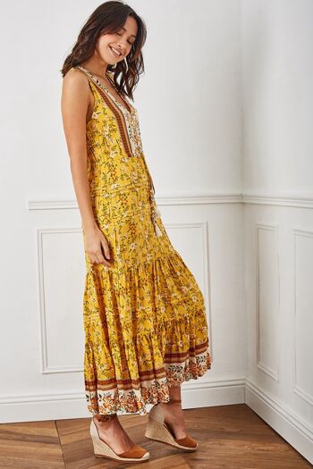 Robe longue sans manche à imprimé fleuri boutonnée devant - Jaune Moutarde 4