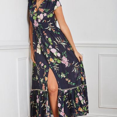 Robe longue fendue bleue marine à imprimé fleuri boutonnée devant