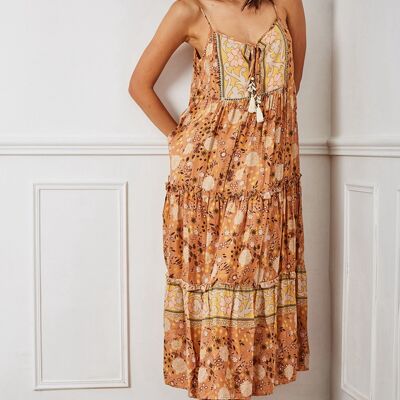 Long mandarin dress with thin straps and print