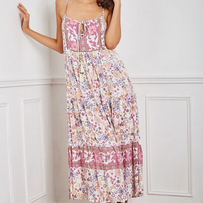 Long purple dress with thin straps and print