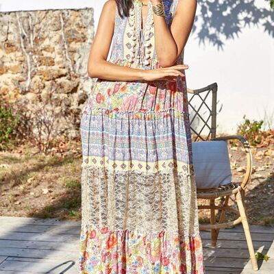 Robe longue sans manche à imprimé fleuris multicolore avec pompons et dentelle