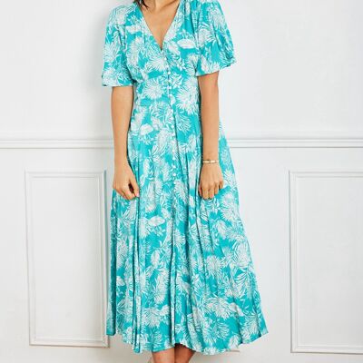 Long cyan floral print button front dress with short sleeves