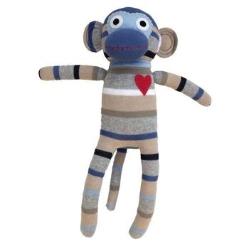 Peluche chaussette singe rayures midi bleu clair / gris