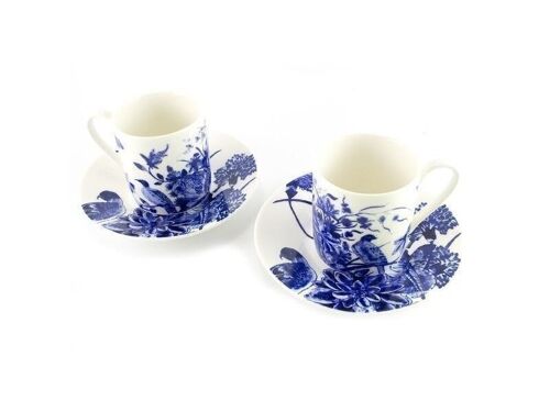 Espresso set (2 cups), Delft Blue birds, Rijksmuseum