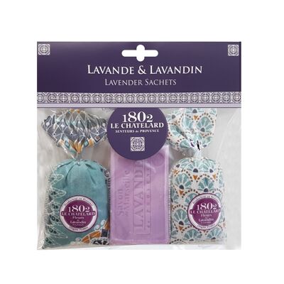 Set of 2 sachets of Lavender & Lavandin and 1 Extra-Mild Lavender soap - Bleu Azur Collection