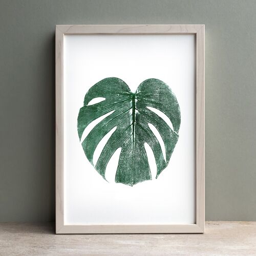 Monstera Leaf Monoprint Green | Botanical Wall Art A4