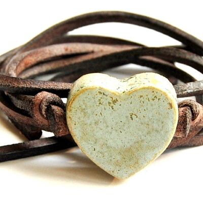 Bracelet leather with vintage green ceramic heart