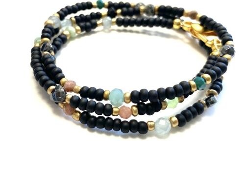 Necklace black glass beads, swarovski and gemstones
