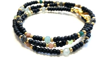 Collier perles de verre noir, swarovski et pierres précieuses