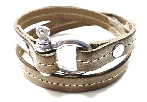 Bracelet leather taupe Hermes style shackle steel