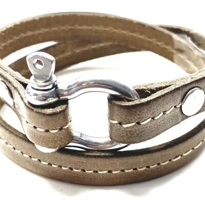 Bracelet leather taupe Hermes style shackle steel