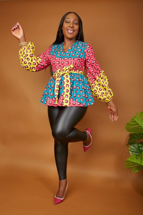 New In African Print Long Sleeve High Waist Top (available in Plus Size) - Akaomma Muilticoloured