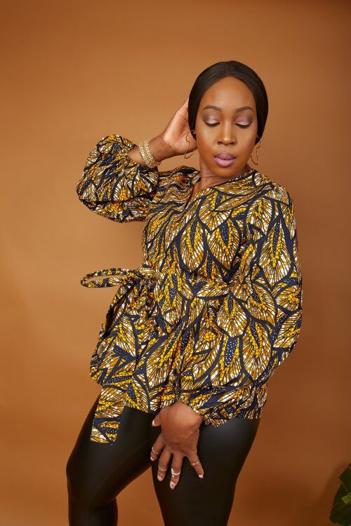 New In African Print Long Sleeve High Waist Top (available in Plus Size) - Akaomma - Brown Mix