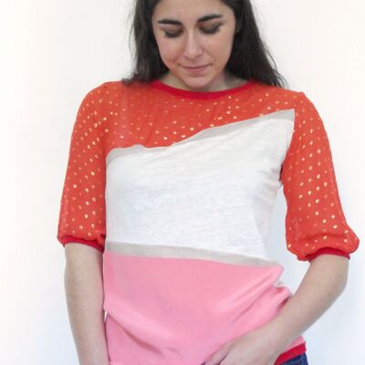 Sorbet top in linen and silk, red, white and pink