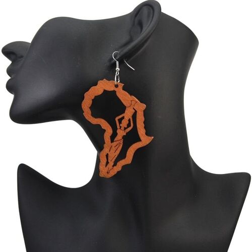 New in Wooden African Map Ethnic Tribal Pattern Handmade Earring - Natural Tan