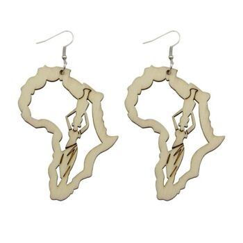 Boucles d'oreilles faites à la main avec motif carte ethnique africaine en bois - Bois non fini 1