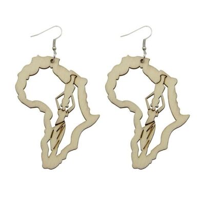 Boucles d'oreilles faites à la main avec motif carte ethnique africaine en bois - Bois non fini