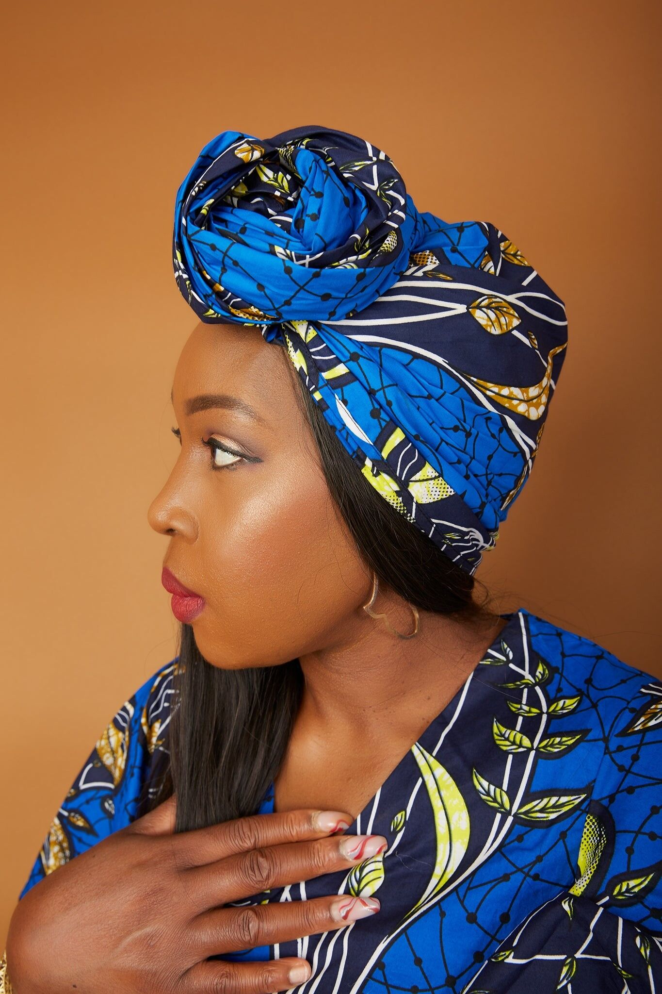 Bandeau/couvre-chef à imprimé africain Ankara - Ariella - Bleu