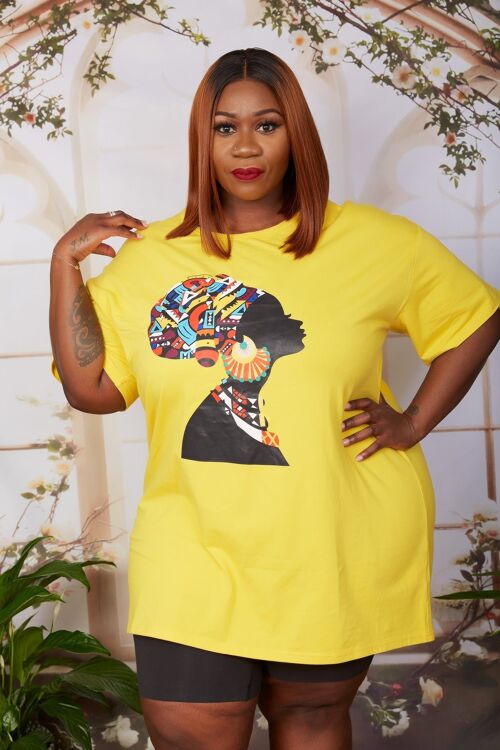 New in; African Print Headwrap T Shirt Dress - Adaku (Navy Blue) YELLOW