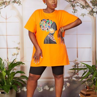 Neu in; Afrikanisches T-Shirt-Kleid mit Headwrap-Print - Adaku (Marineblau) ORANGE