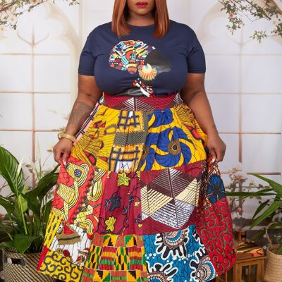 New in; African Print Headwrap T Shirt Dress - Odion (Pink) NAVY BLUE