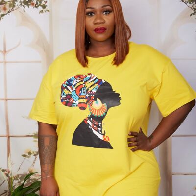 New in; African Print Headwrap T Shirt Dress onica (Yellow) YELLOW