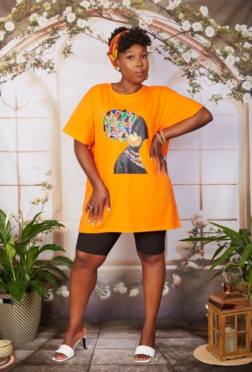 New in; African Print Headwrap T Shirt Dress onica (Yellow) ORANGE