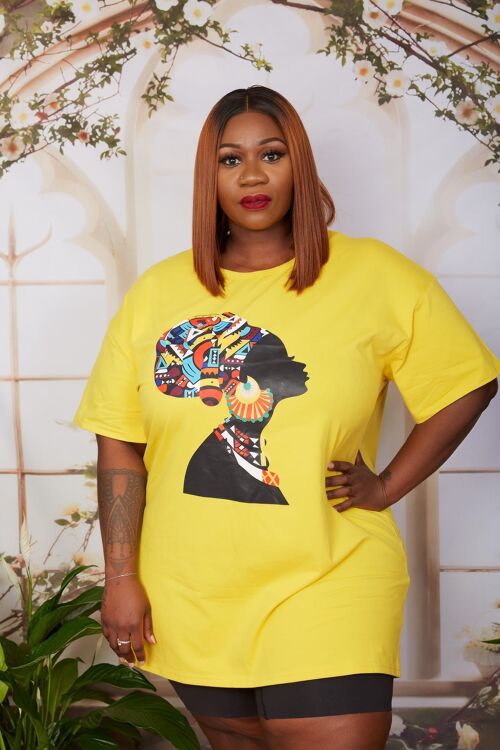 New in; African Print Headwrap T Shirt Dress onica (Yellow) - YELLOW