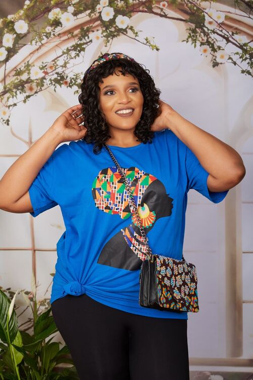 New in; African Print Headwrap T Shirt Dress - JAIYE (Cobalt Blue) BLUE