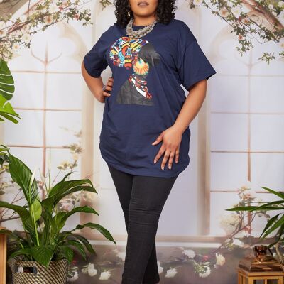 Neu in; Afrikanisches T-Shirt-Kleid mit Headwrap-Print - JAIYE (Kobaltblau) - MARINEBLAU