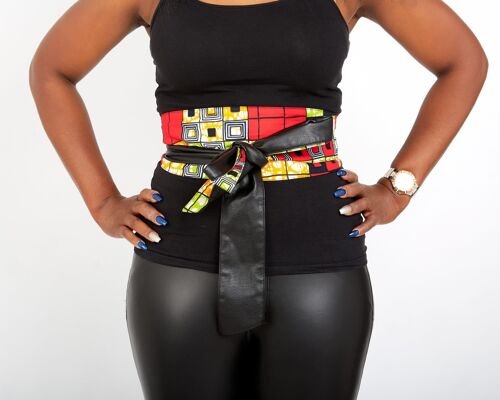 New In African Prints Reversible Leather Obi Belt - Red Mixed Print