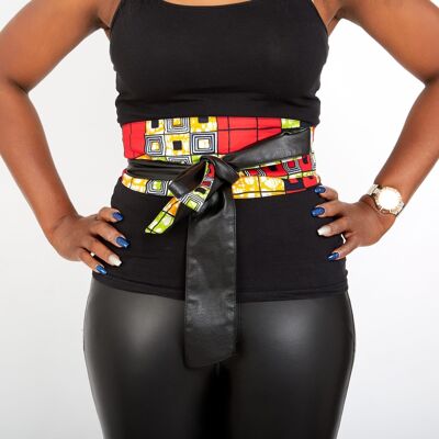 New In African Prints Reversible Leather Obi Belt - Kente - Red Mixed Print