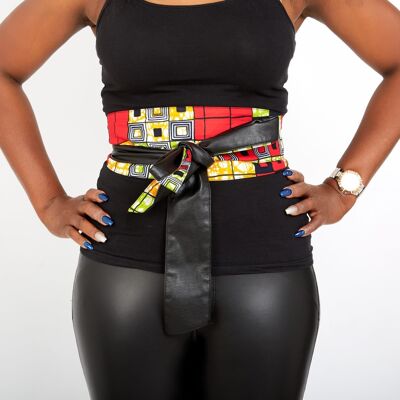 New In African Prints Reversible Leather Obi Belt - Kente - Red Mixed Print