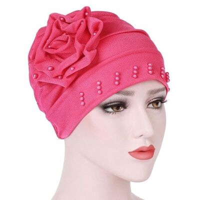 Turbante con cappuccio a testa di fiore grande arruffato - rosa rossa