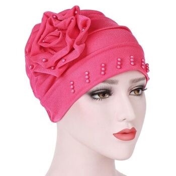 Turban Bonnet Tête de Fleur à Volants - rose rouge 1
