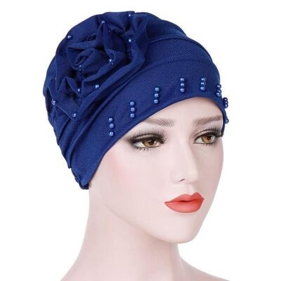Turban bonnet tête de fleur à volants - bleu roi