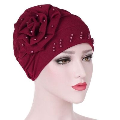 Ruffled Big Flower Head Cap Turban - wine red
