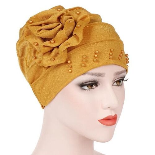 Ruffled Big Flower Head Cap Turban - yellow