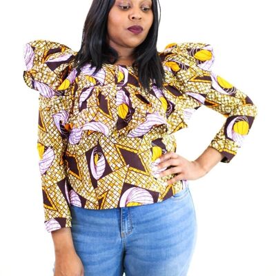 New in Ankara Wax Print Long Sleeve Ruffle Top