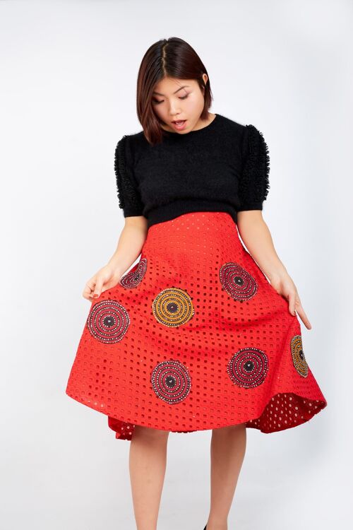 Kamara Lace Ankara Combo Embellished Flare Skirt - Red