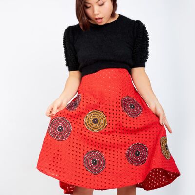 Kamara Lace Ankara Combo Embellished Flare Skirt - Red