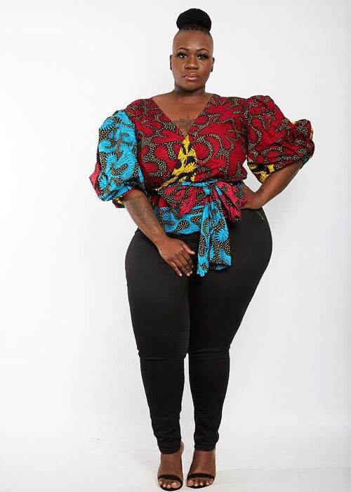 Amara - African Print Wrap Top with Puff Sleeves - Plus Size