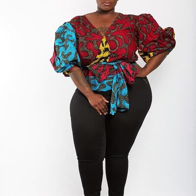 Amara - African Print Wrap Top with Puff Sleeves - Plus Size
