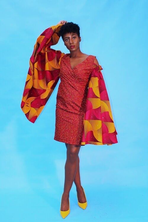 Embellished African Print Ankara Fitted Red Dress with Cut-out Sleeves