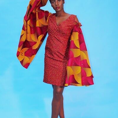 Vestido rojo ajustado Ankara con estampado africano adornado con mangas recortadas