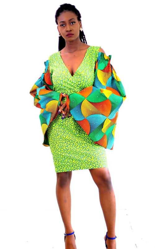 African Print Ankara Fitted Green Dress with Cut-out Sleeves