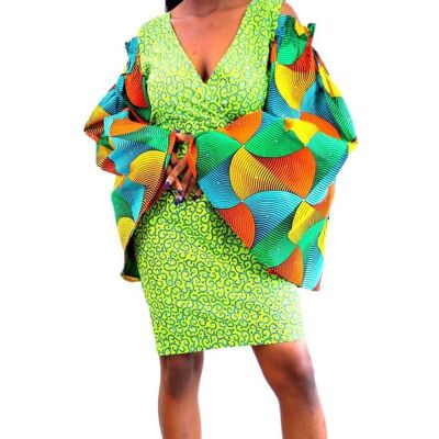 African Print Ankara Fitted Green Dress with Cut-out Sleeves