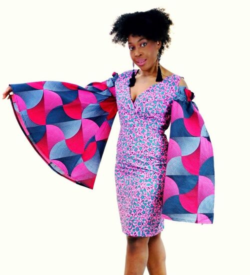 Rikka - Embellished Pink African Print Ankara Fitted Dress with Cut-out Sleeves