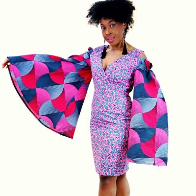 Rikka - Embellished Pink African Print Ankara Fitted Dress with Cut-out Sleeves